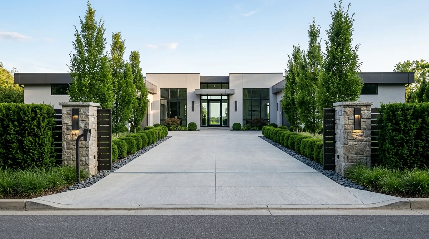 Modern driveway entry with sleek paving and symmetrical plantings.