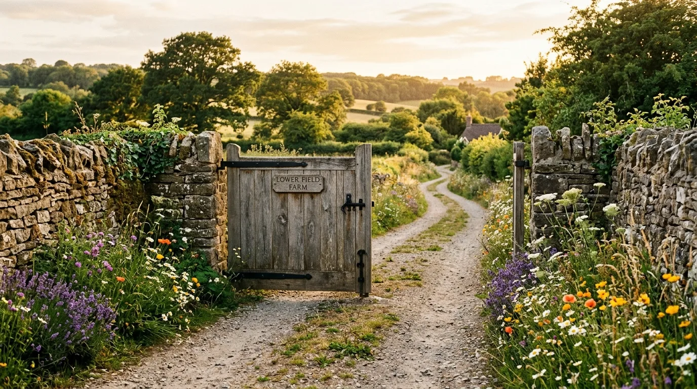 Rustic driveway entrance with stone walls, wooden gate, and wildflower borders.