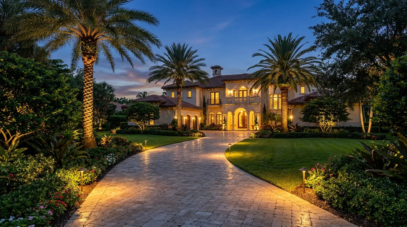 Luxury driveway with illuminated pathway lights, palm trees, and lush greenery.