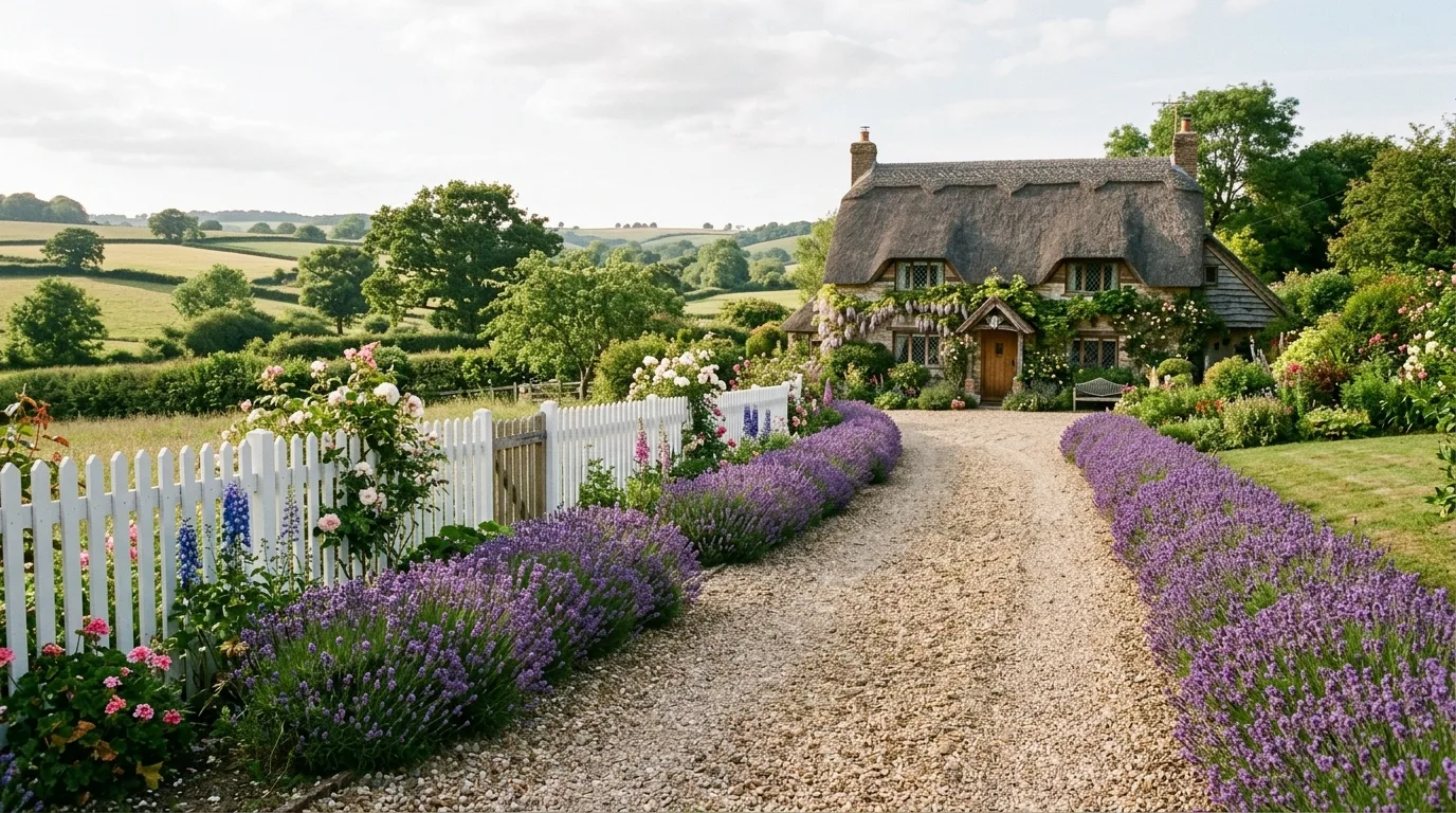 Cottage-style driveway bordered by lavender rows and a white picket fence.