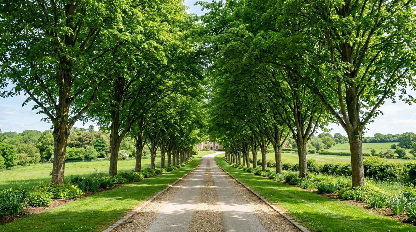 Long driveway lined with ornamental trees forming a canopy effect.
