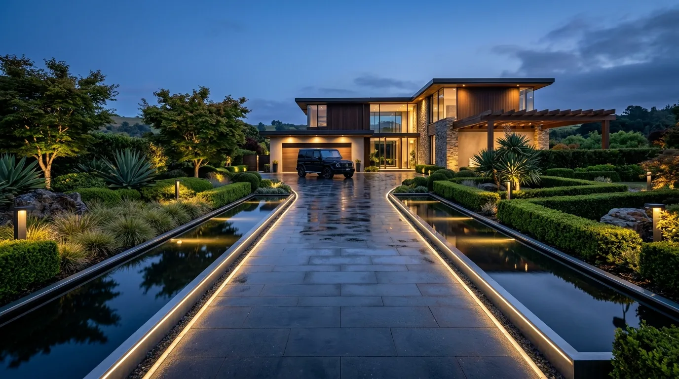 Modern luxury driveway with water features and sculpted landscaping.