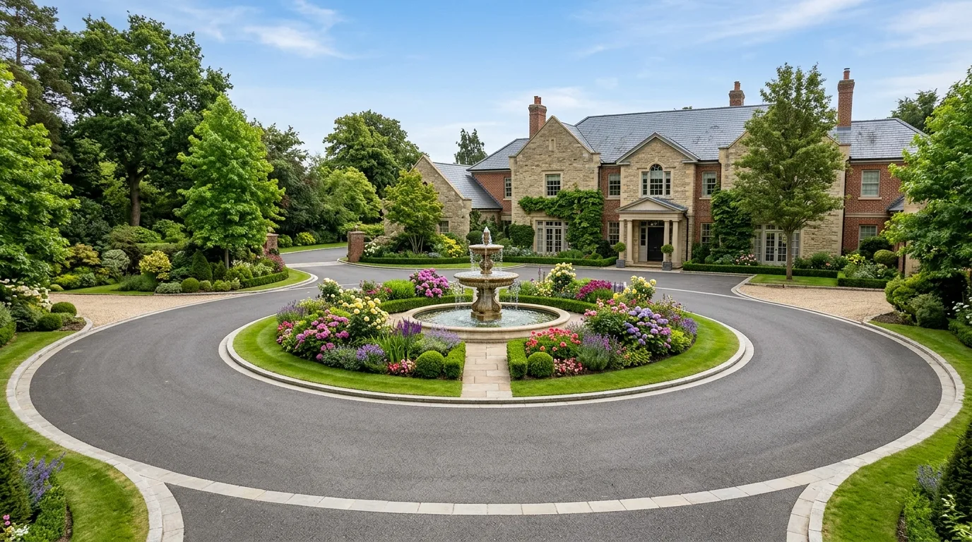 Circular driveway with central landscaped island featuring fountain and flowers.