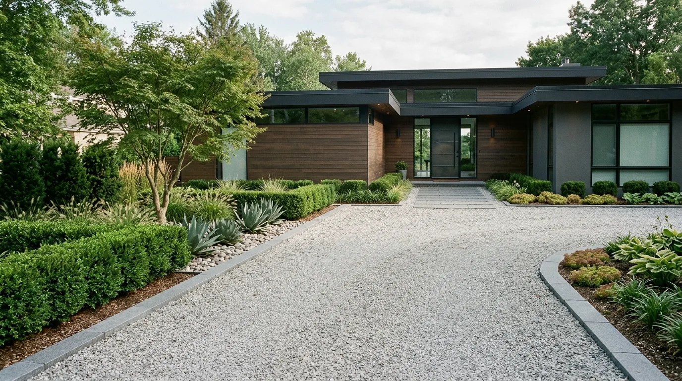 Minimalist gravel driveway with stone edging and structured greenery.