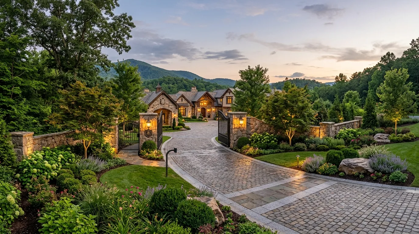 Fully designed driveway entry with layered landscaping, lighting, and architectural harmony.