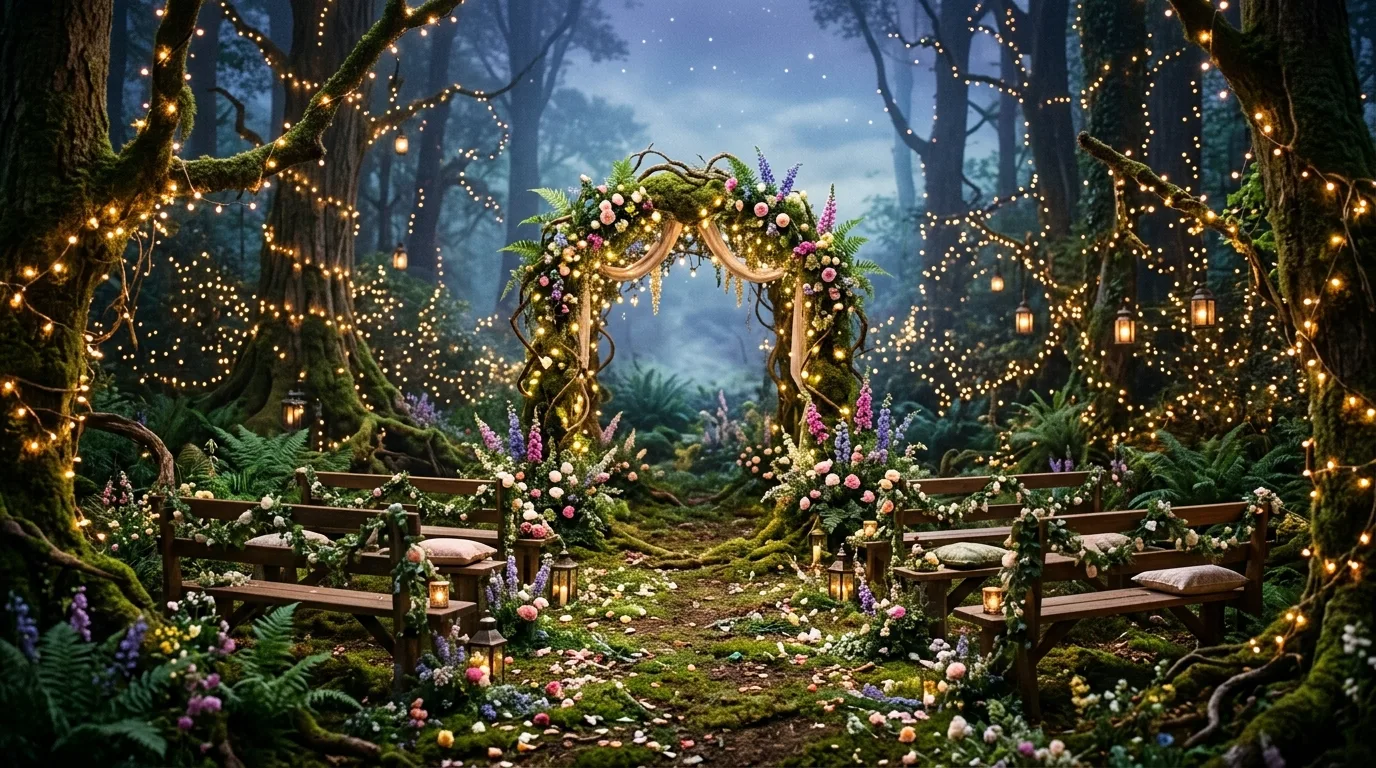 Woodland fairy wedding in an enchanted forest with moss arch and glowing fairy lights.