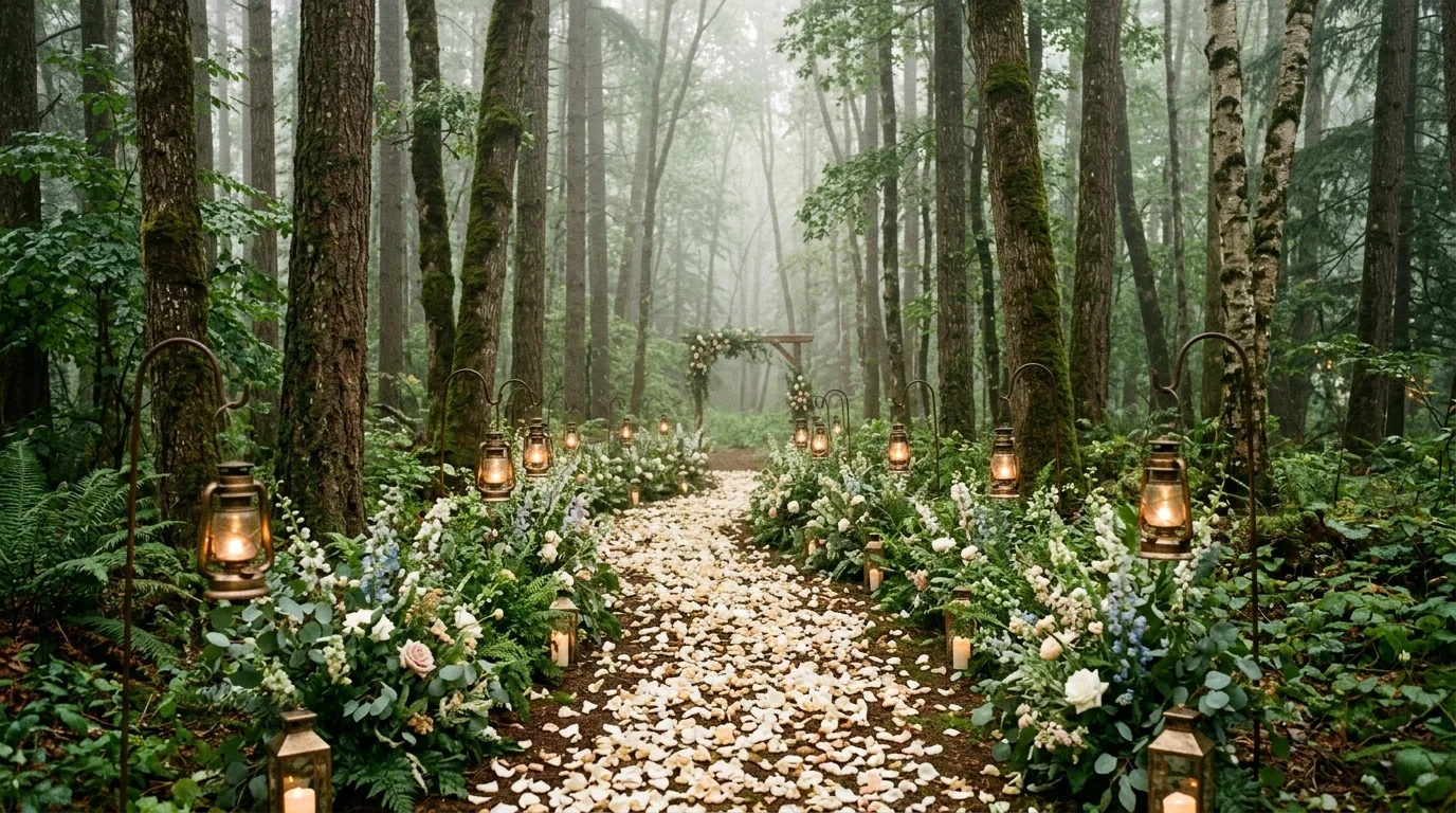 Forest wedding aisle lined with lanterns, petals, and greenery.