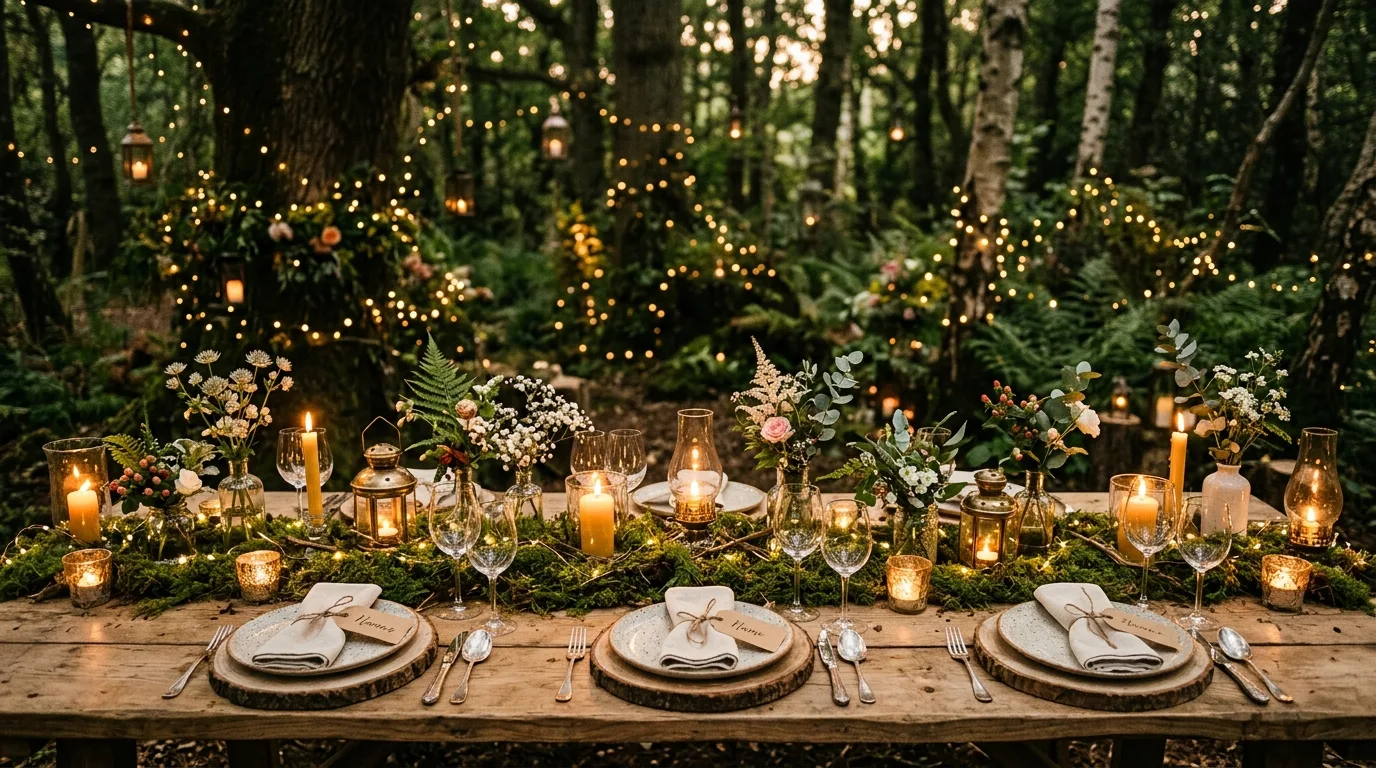 Woodland fairy wedding reception table with moss runners, candles, and flowers.
