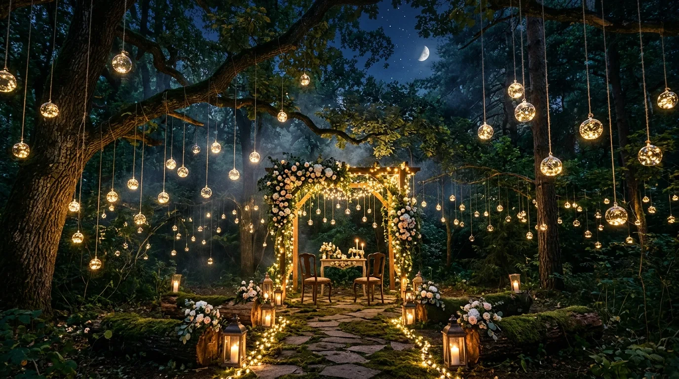 Enchanted forest wedding with hanging glass orbs filled with light.