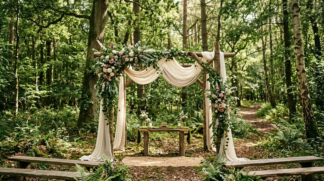 Rustic woodland wedding altar with logs, ivy, and soft draped fabric.