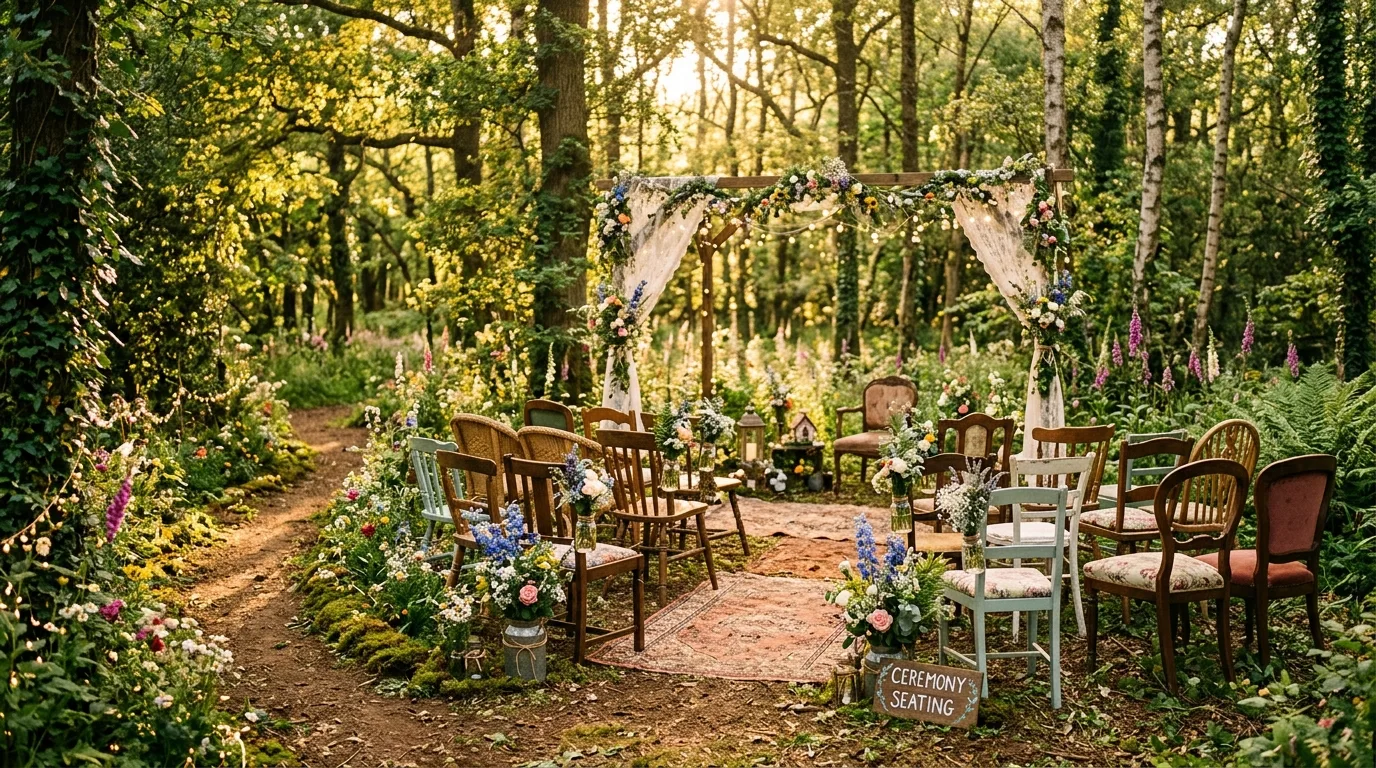 Fairy-inspired woodland wedding seating with vintage chairs and wildflowers.