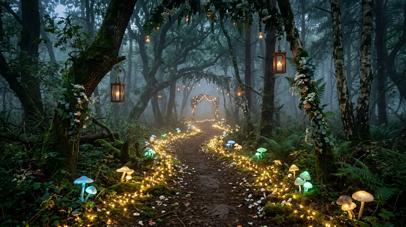 Mystical woodland wedding path with glowing mushrooms and fairy lights.