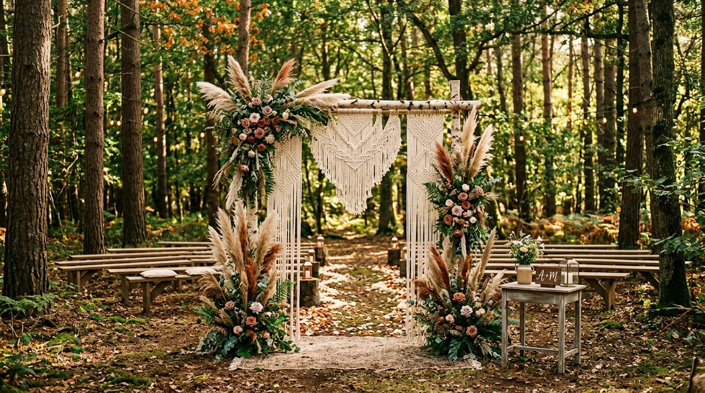 Boho woodland wedding with macrame arch and natural floral arrangements.