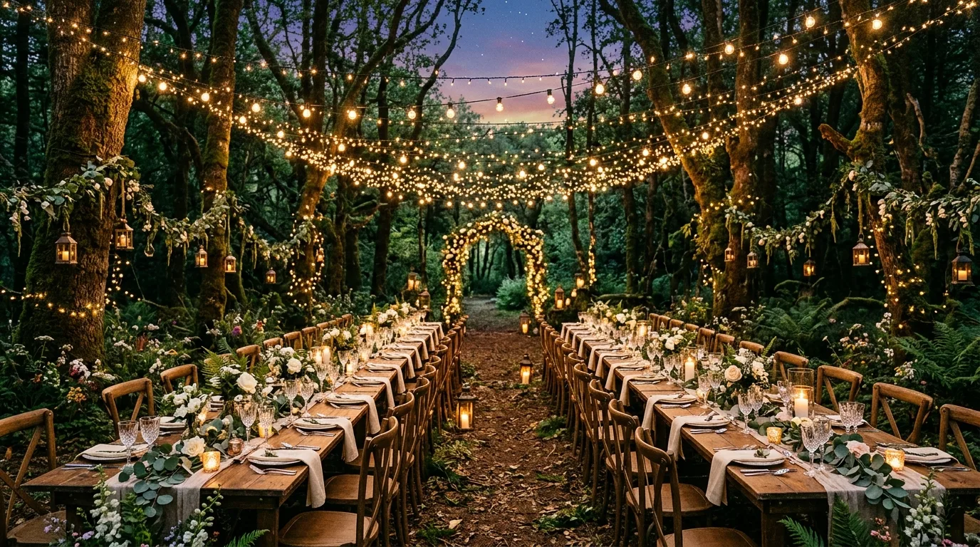 Forest wedding reception under string lights woven through the trees.