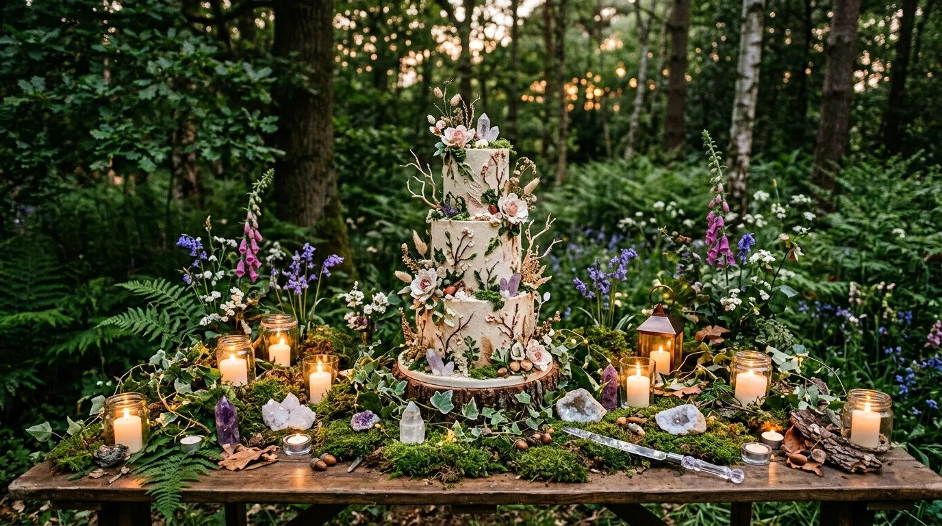 Woodland fairy wedding cake table decorated with moss, crystals, and candlelight.