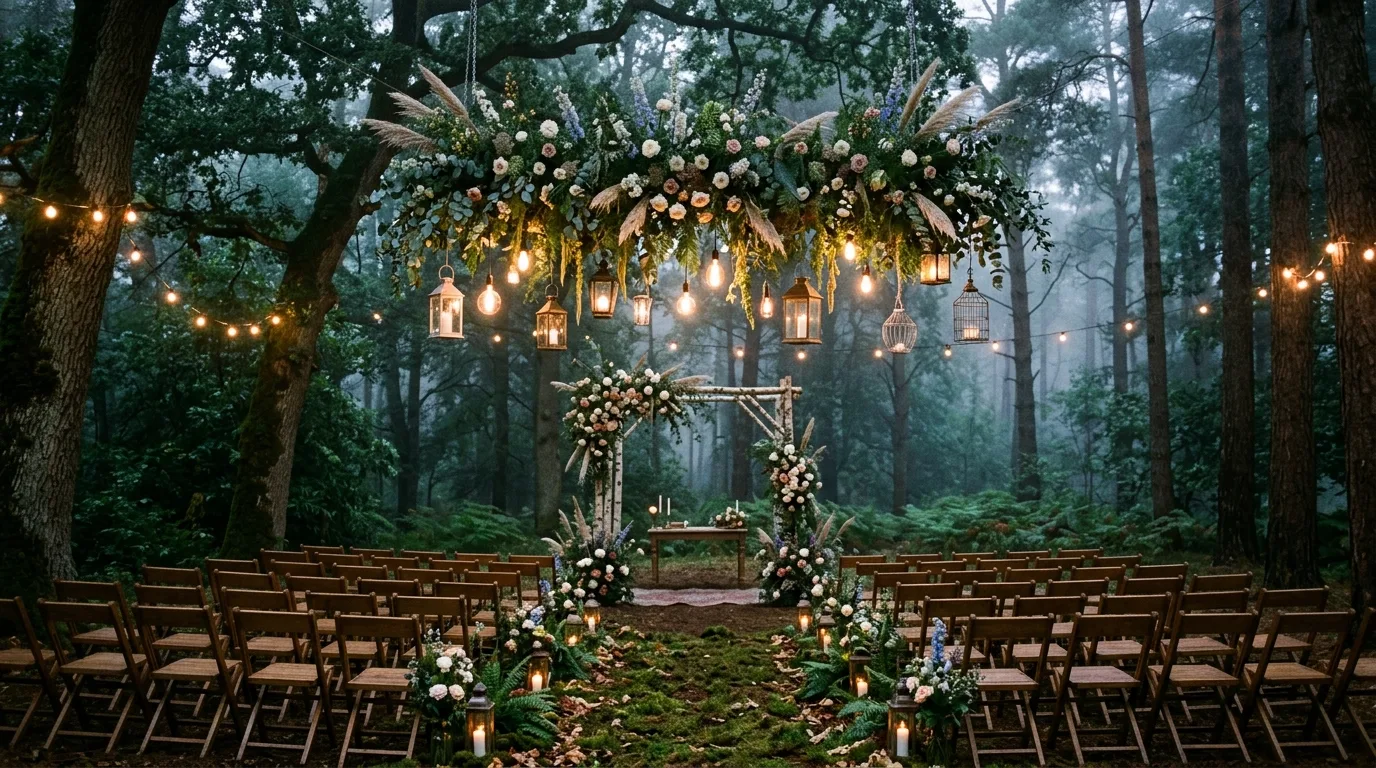 Forest ceremony clearing with hanging florals and glowing lanterns.