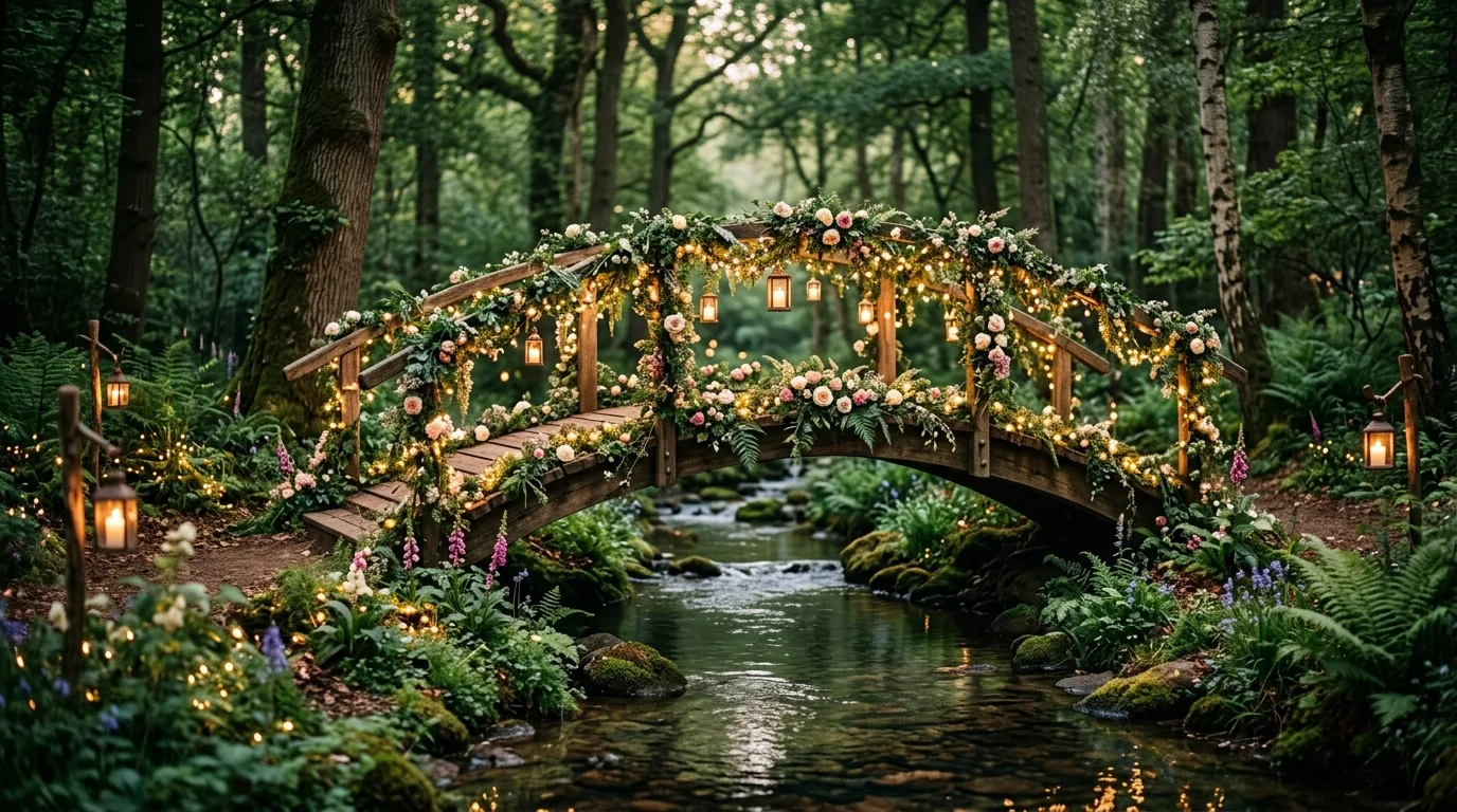 Fairy woodland wedding bridge decorated with flowers and lights over a stream.