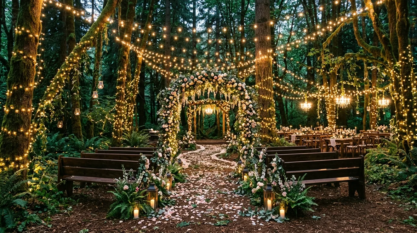 Fully styled enchanted forest wedding with glowing lights, florals, and magical woodland atmosphere.